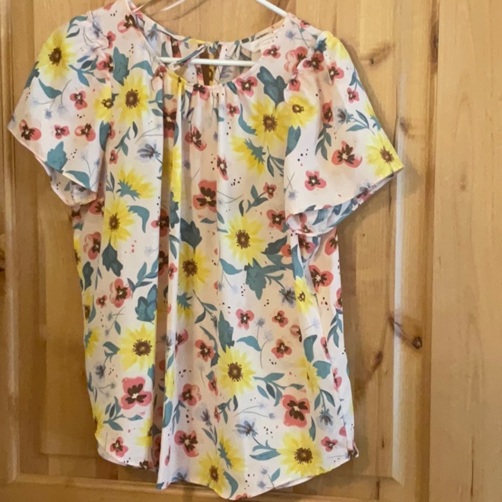 LC Lauren Conrad Yellow and Pink Blouse with Vibrant Floral Design